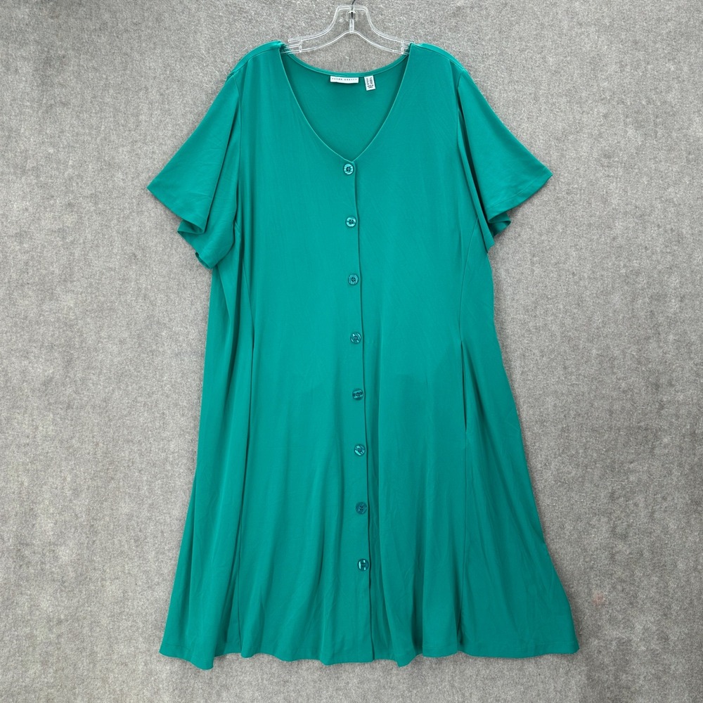 Susan Graver Liquid Knit Button Front Flutter Sleeve Midi Dress Green Plus 2X